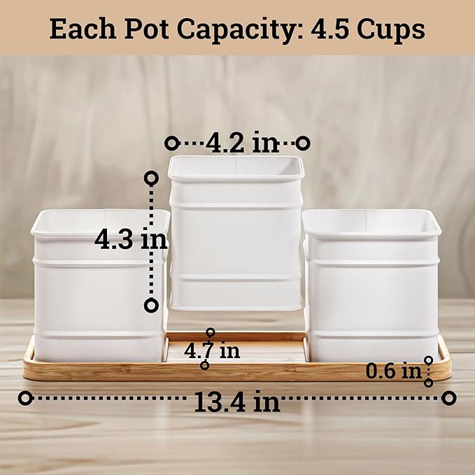Herb Planter Indoor - 3 Iron Herb Pots with Drainage Holes, Varnished Bamboo Tray, Customizable Labels & Marker Pen - Indoor Herb Garden Planter - 3 Pots for Herbs - Inside Spice Garden - Basil Pot