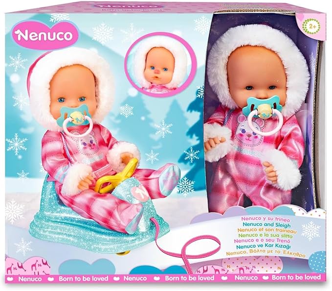 Nenuco 14" Baby Doll in Ski Suit and Sleigh Accesssory On Wheels with Color Chaning Nose, for Ages 2+