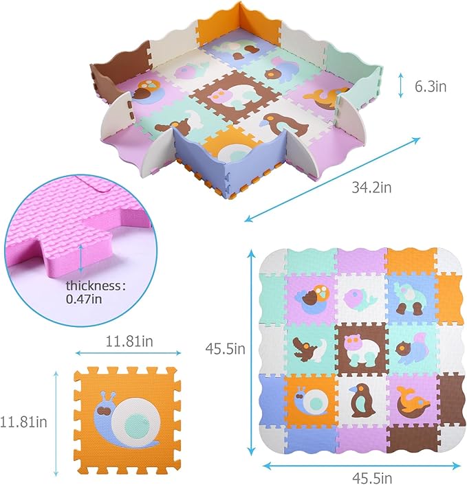 Foam Play Mat for Kids,25Pcs Square Interlocking Puzzle Floor Mat,Baby Play Mat Floor Mat Foam Puzzle Playmat for Toddlers with Fence(Animal-CSH007