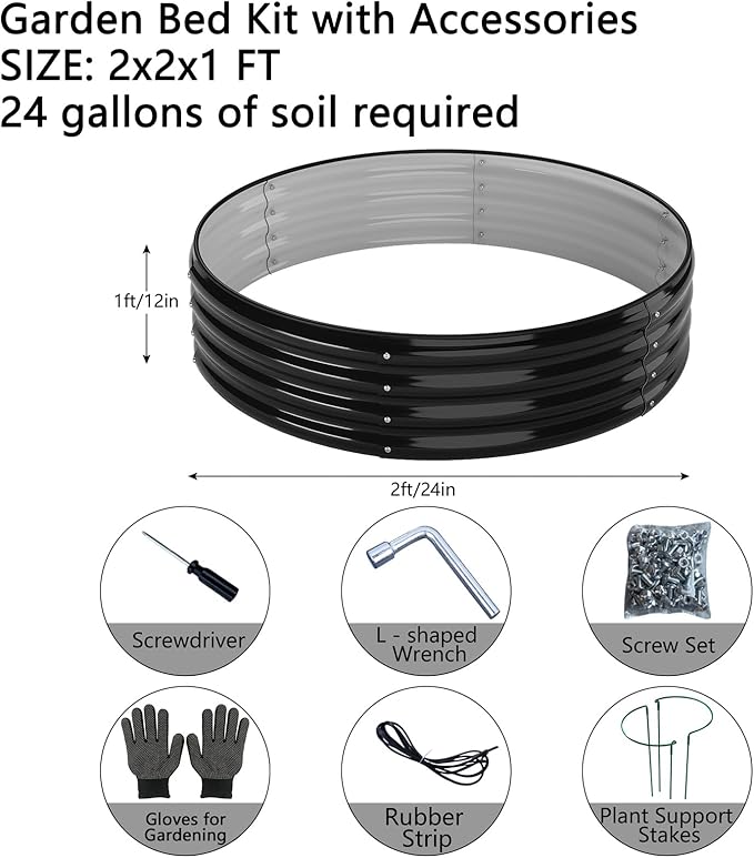 Galvanized Metal Planter Round Raised Garden Bed Kit for Gardening Outdoor,2x2x1ft Grow Garden Box Raised Flower Bed,Round Galvanized Planter Outdoor Metal Fire Pit Ring Black