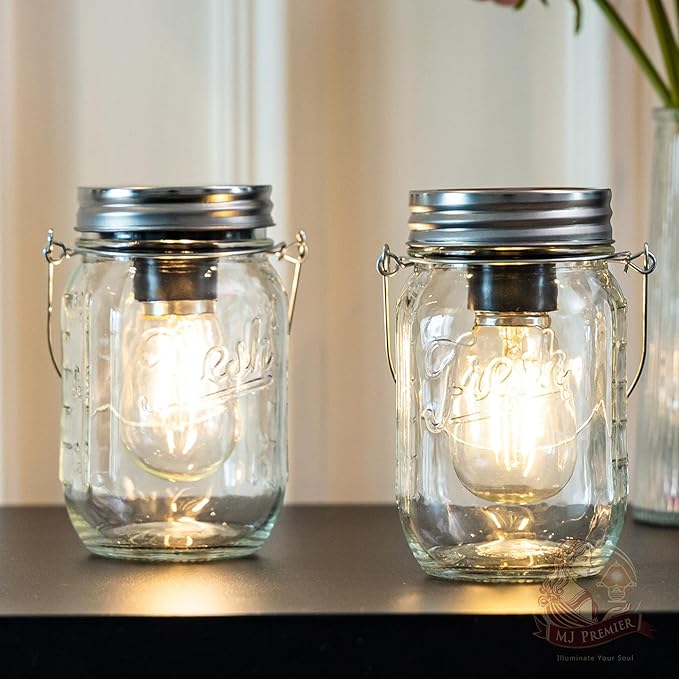 MJ Outdoor Mason Jar Lights Hanging Battery Operated Lamp Timer Cordless Lamps 2-Pack LED Decorative Garden Lanterns Glass Light for Patio Camping Courtyard Backyard Tree Hallway Stairs( Transparent)