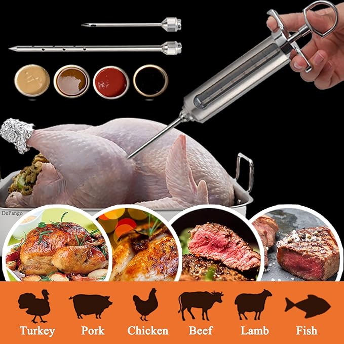 Meat Injector, Stainless Steel Marinade Injector Flavor Syringe Kit with 2-oz Measurement Window for Smoker Food BBQ Grill, Cooking Turkey Chicken Steak Beef Brisket Pork-Chops, 3 Meat Needles