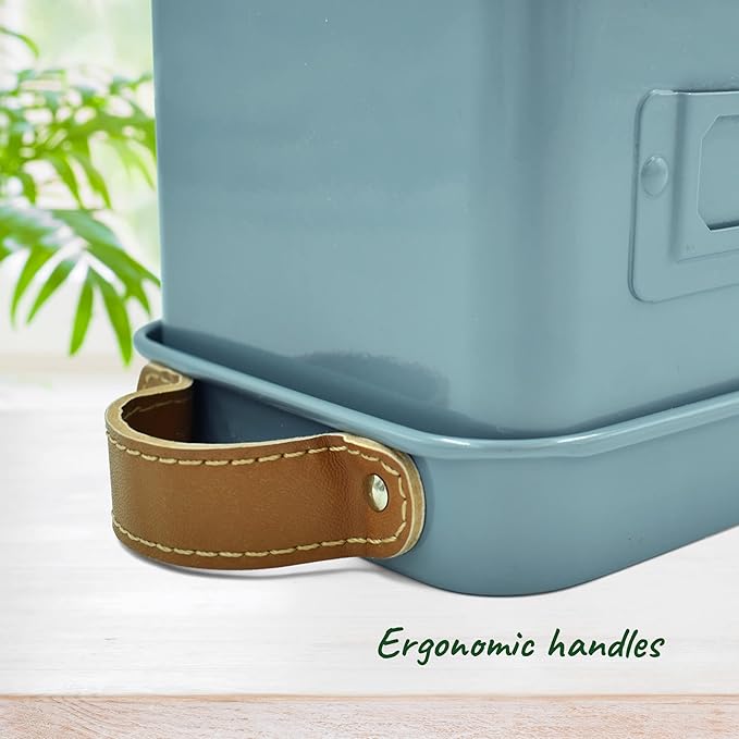 Herb Planter Indoor - Set of 3 Teal Blue Indoor Herb Garden Pots for Plants with Leather Handled Tray - Window Sill Plant Shelf - Herb Pots with Drainage Holes and Labels