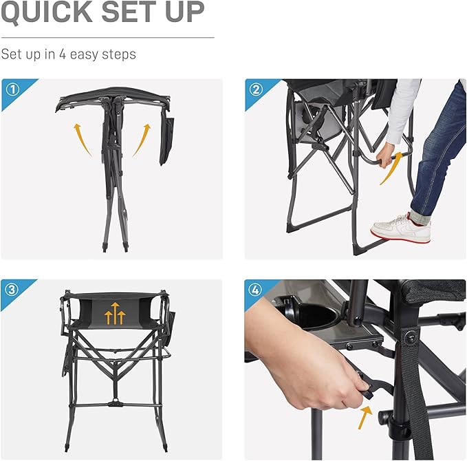 EVER ADVANCED Portable 30.7" Seat Height Tall Folding Camping Chair Directors Chair High Foldable Bar Stool with Side Table for Makeup Artist, Sports Event, Craft Show, Supports 350LBS Black Grey