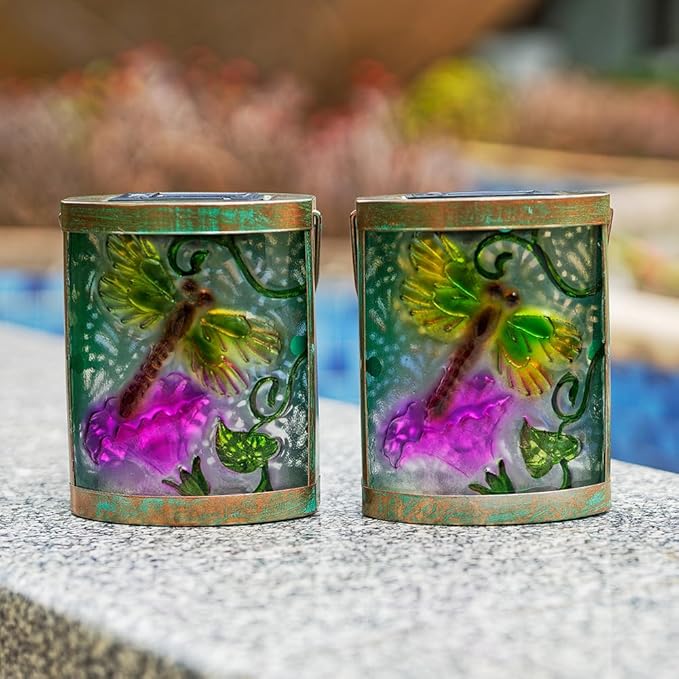 2 Pack Glass Dragonfly Solar Lanterns Outdoor Waterproof, Hanging LED Solar Lantern for Tabletop Garden Patio Decor