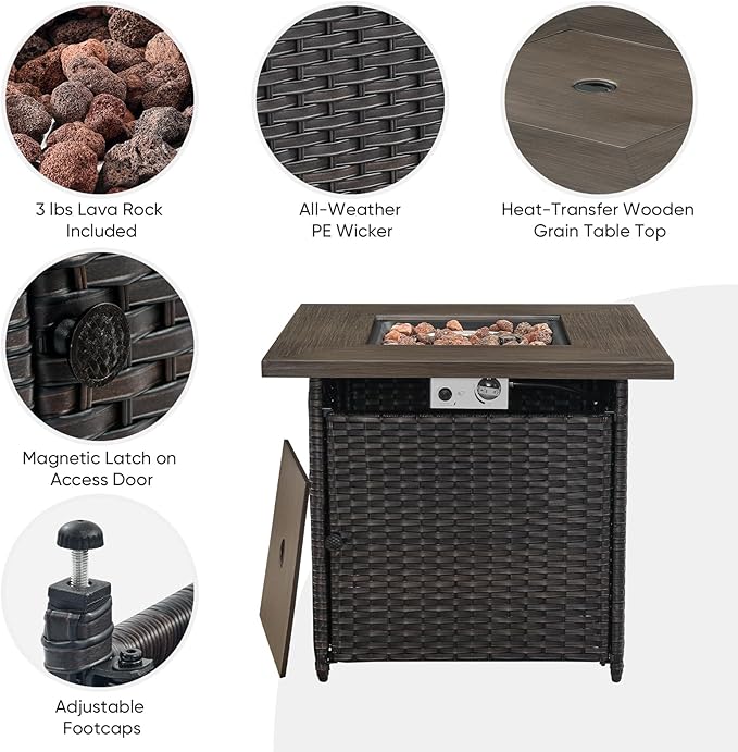 Outdoor Patio Furniture Set with Propane Fire Pit Table, 7 Pieces Wicker Patio Conversation Set with 2 Swivel Glider Rocker Chair Rattan Sofa Grey Cushion Perfect for Casual Gathering