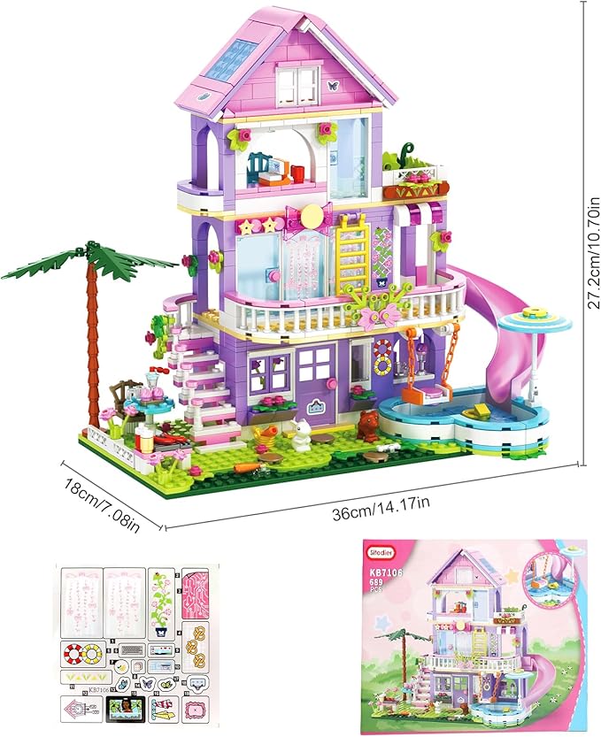 Girls Building Blocks Set,689pcs Garden Villa House Building Block for Kids 6-12 and 8-14,Holiday Cottage Bricks Kit, Building Toy Xmas Birthday Gift for Girls Kids 6 7 8 9 10 11 12 13 14