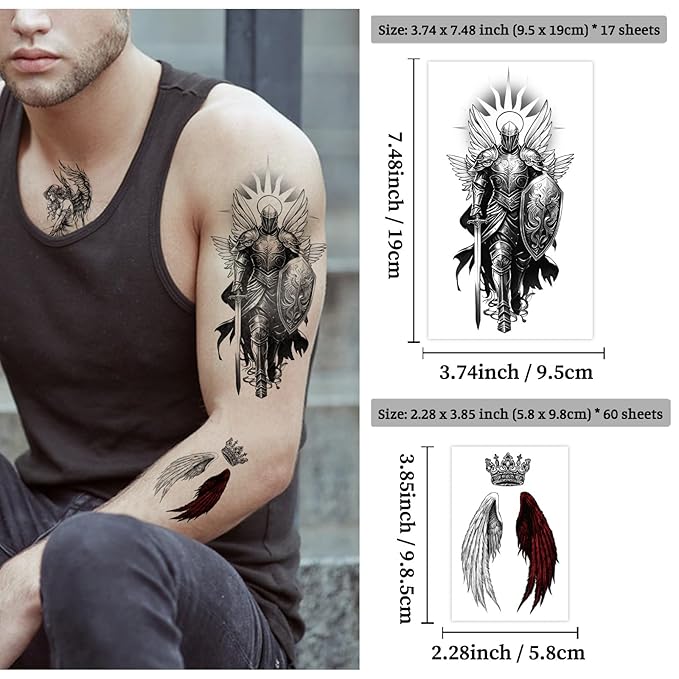 77 Sheets Temporary Tattoo for Women Men, 17 Sheets Half Arm Large Black Angel Devil Fake Tattoos, 60 Sheets Skull Heart Wings Tiny for Adult Kids Cosplay Party Body Tattoos Stickers Realistic