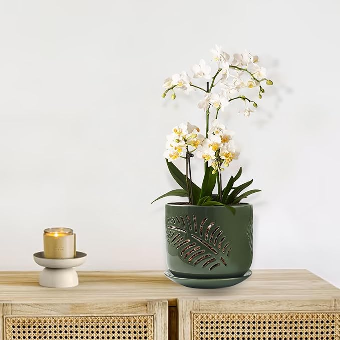 Ceramic Orchid Pots, 6+5 inch Orchid Pots with Holes,Orchid Pots for Repotting,Healthy Air Circulation Plant Pots for Plant Lovers,Planters for Indoor/Outdoor Plants -2 Pack