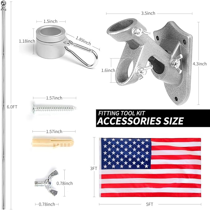 Quarut House Flag Pole Kit,Including 6Ft Stainless Steel Flag Pole,Heavy Duty Nylon 3x5 Ft American Flag,Aluminum Alloy Rings and Bracket.Wall Mounted Flagpole Set for Residential Commercial(Silvery)