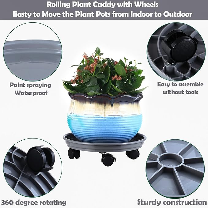 6 Packs Plant Caddy with Wheels 12" Plastic Rolling Plant Stands Heavy-duty Plant Dolly with Casters Indoor and Outdoor Plant Roller Base Large Heavy Plant Pot Saucers with Wheels Plant Mover, Grey
