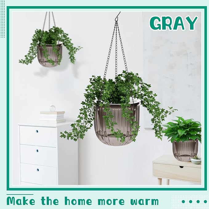 Meanplan 4 Pcs Self Watering Hanging Planter Indoor 6.5 Inch Hanging Baskets for Plants Outdoor Plastic Flower Pot with 3 Hooks Chains Drainage Holes for Garden Home, Medium Size(Gray)