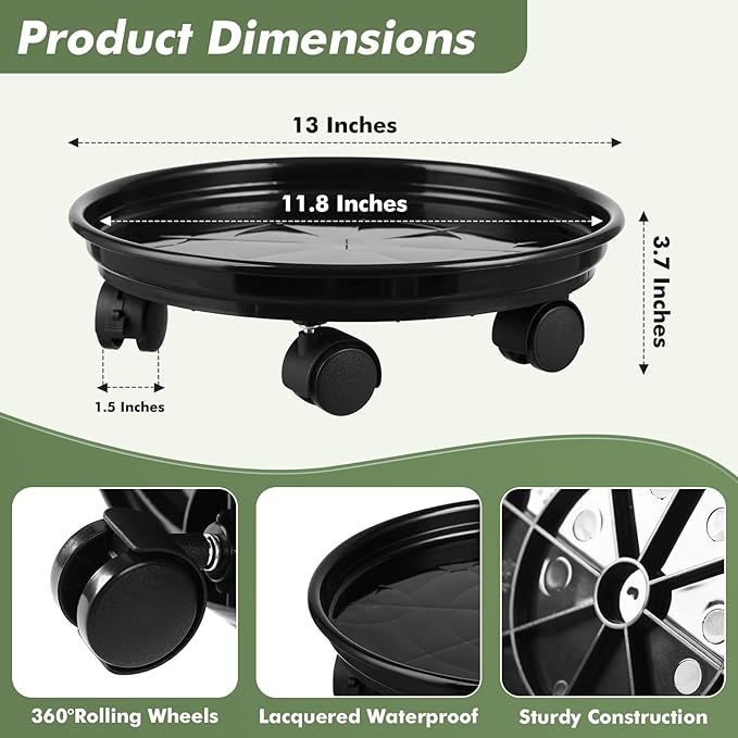 8 Packs Plant Caddy with Wheels 11.8" Plastic Rolling Plant Stands Heavy-Duty Plant Dolly with Casters Indoor and Outdoor Plant Roller Base Large Heavy Plant Pot Saucers with Wheels, Black + Brown