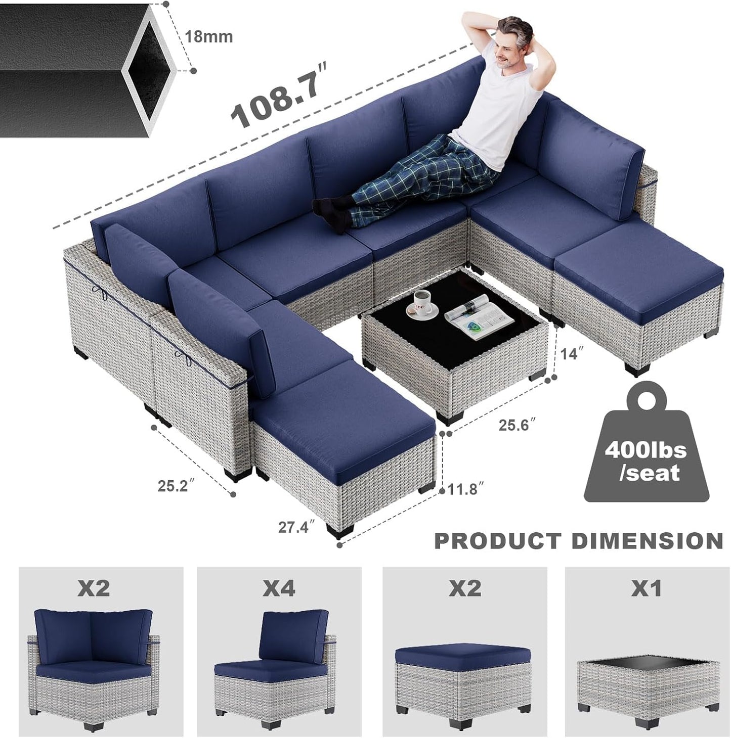 9-Piece Patio Furniture Set, Outdoor Sectional with Ottomans, Modular Patio Sofa, Dual-Strand Wicker Rattan, Rust-Resistant Frame, Backyard Furniture for Garden, Deck, Navy Blue