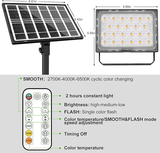 CLY LED Solar Lights Outdoor IP66 Waterproof, Bright Solar Dusk to Dawn Light 5000mah, Adjustable Angle, Solar Powered Security Flood Light 5M Cable for Wall Porch Shed Barn 2700K 4000K 6000K