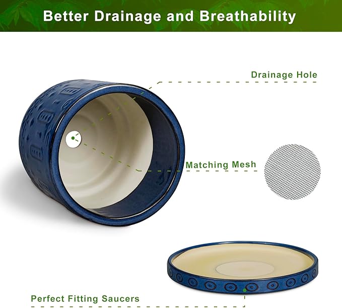 Ceramic Planter - 8 Inch Plant Pot Indoor with Drainage Holes and Saucer Round Planter Outdoor Mid-Century Modern Flower Pot Succulent Pot for Home Decor Blue