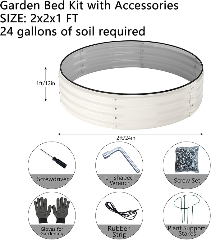 Galvanized Metal Planter Round Raised Garden Bed Kit for Gardening Outdoor,2x2x1ft Grow Garden Box Raised Flower Bed,Round Galvanized Planter Outdoor Metal Fire Pit Ring White