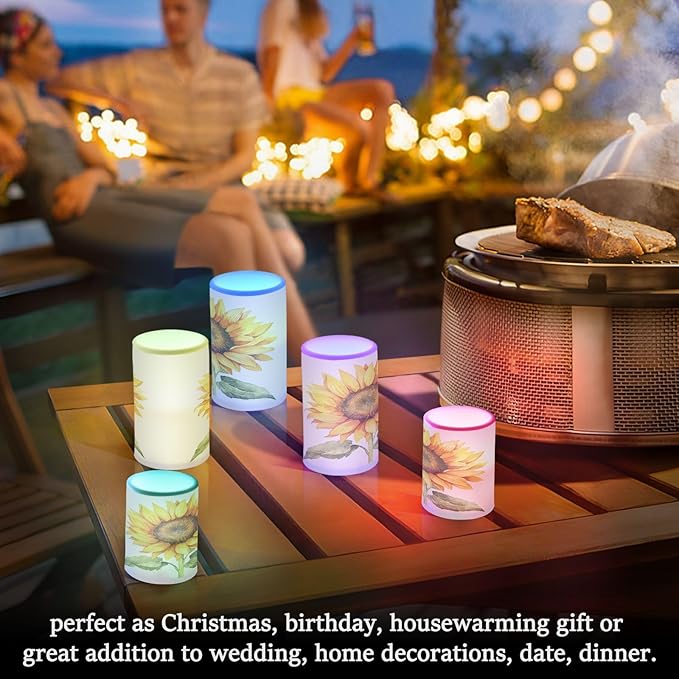 Flickering Flameless Candles, Beautiful Sunflower LED Candles with Remote Timer, Set of 2 Battery Operated Candle for Valentine Wedding Birthday