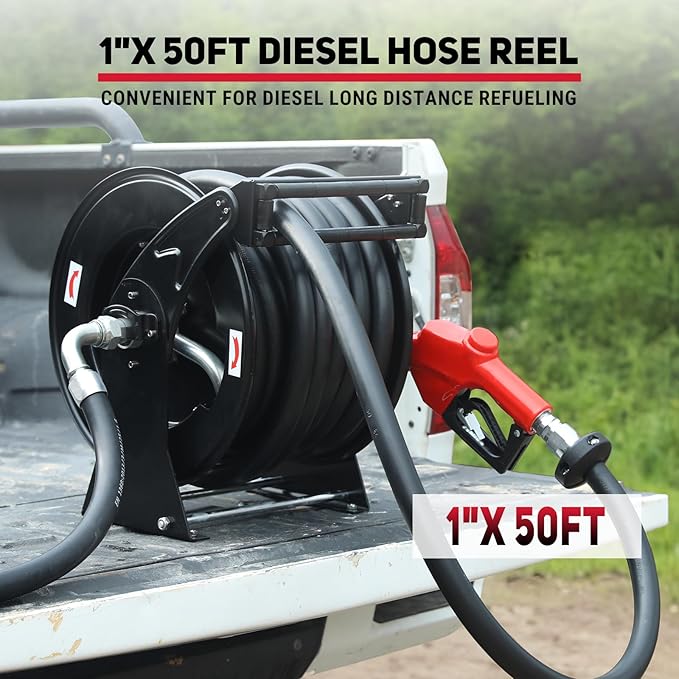 Retractable Fuel Hose Reel with Refueling Nozzle 1" x 50ft Spring Driven Diesel Hose Reel 300 PSI Industrial Auto Swivel Heavy Duty Steel Construction Reel for Ship Vehicle Tank Truck, Black
