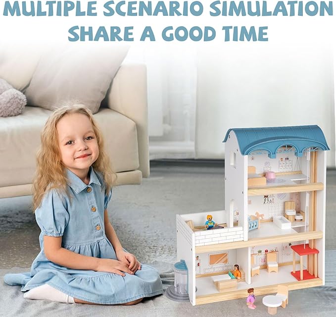 Wooden Dollhouse for Kids, Wood Doll Houses,Three-Story Dollhouse with Furniture & Accessories, DIY Pretend Play House with 3 Toy Figures, Gift for Toddlers & Young Girls Boys