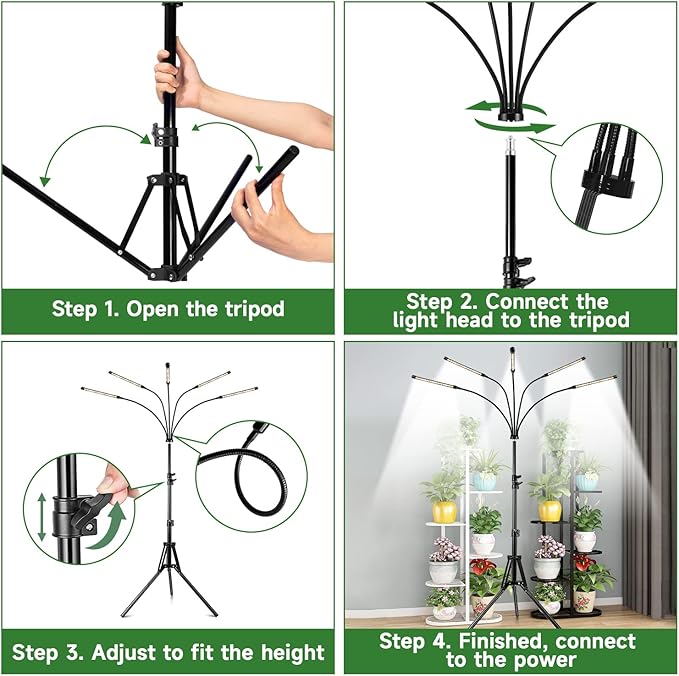 Garpsen Grow Lights for Indoor Plants, 5 Heads Full Spectrum Grow Light with Adjustable Tripod Stand & Sturdy Clip, 100PCS LEDs Plant Light for Indoor Plants with 6/12/16H Timer and 3 Light Modes