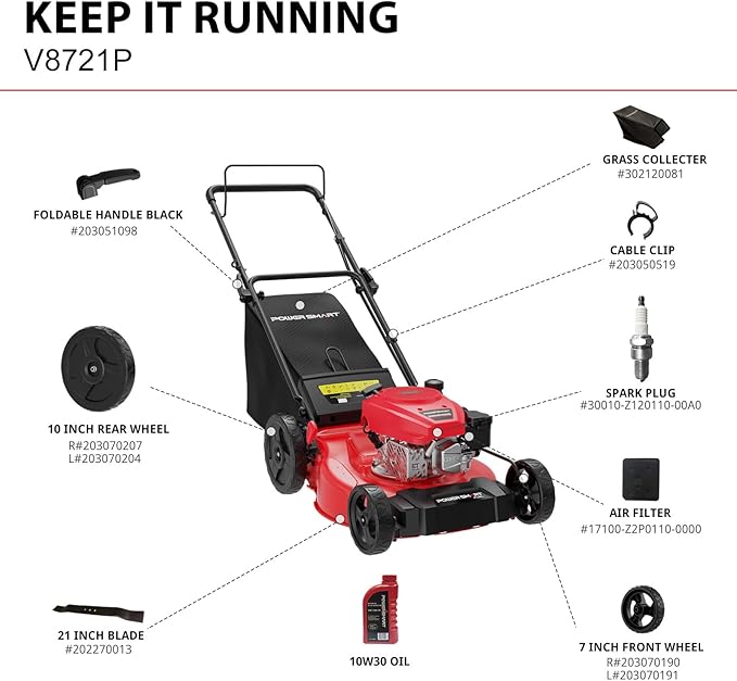 PowerSmart 21-inch Gas Push Lawn Mower, 144cc 4-Stroke Engine with Easy Adjustable Cutting Height, High Wheels, 2-in-1 with Mulch, Bag