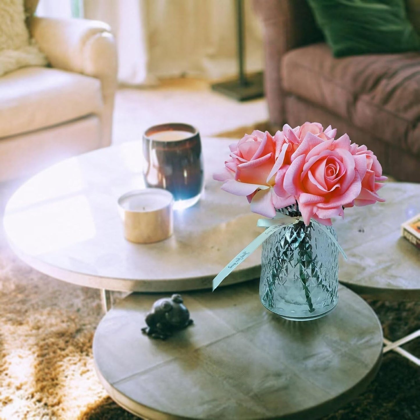 Artificial flower real touch roses feel and look realistic fake roses with short stems, suitable for gift, for wife girlfriend mom friends, Indoor home table,cake, hotel, car decoration (white)