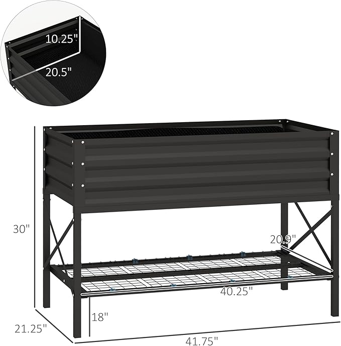 Outsunny Raised Garden Bed with Galvanized Steel Frame, Storage Shelf and Bed Liner, Elevated Planter Box with Legs for Vegetables, Flowers, Herbs, Black