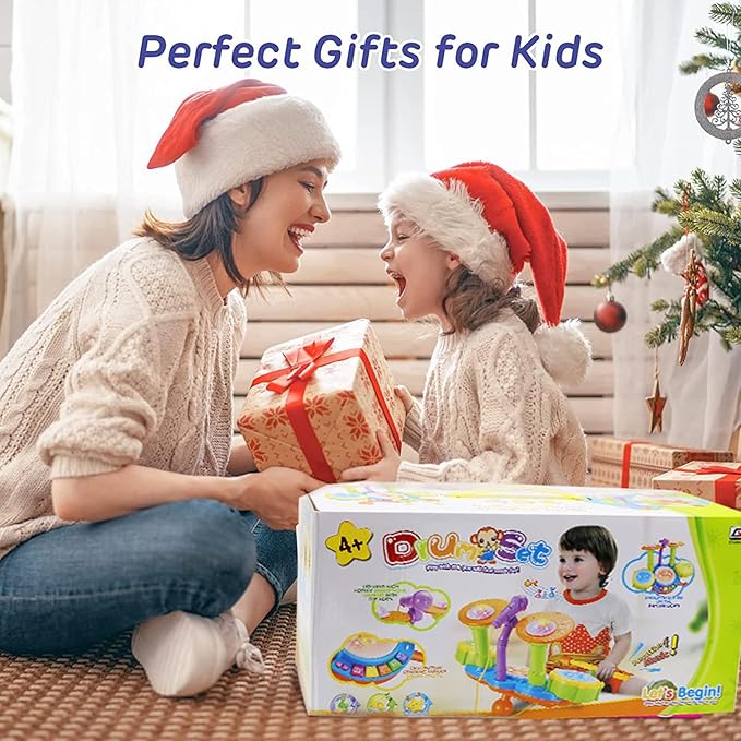 Drum Set for Kids with 2 Drum Sticks and Microphone, Musical Toys Gift for Toddlers