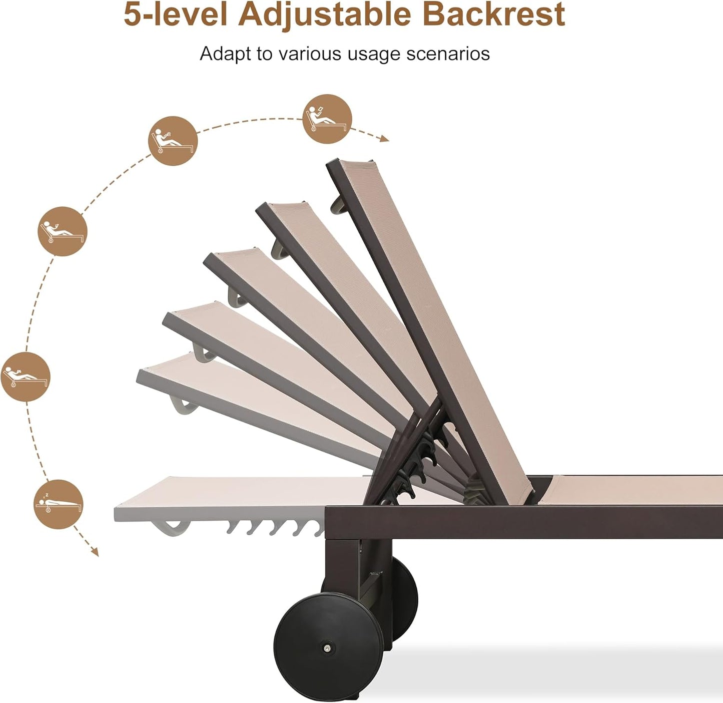 PURPLE LEAF Outdoor Chaise Lounge Chair Set of 3, Pool Lounge Chair for Outside, Aluminum Patio Chaise Lounger with Adjustable Backrest and Wheels for Deck, Outside, Lawn, Garden, Taupe