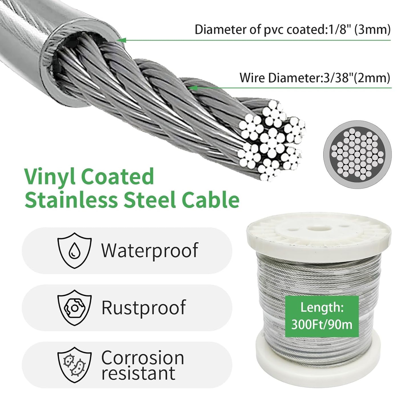 1/8" Wire Cable Rope Kit ,Vinyl Coated 304 Stainless Steel Wire – 300FT 7x7 Strand Cable with Turnbuckles,Shade Sail & Hanging Lights Hardware Kit for Outdoor, Garden,Patio, Crafts, Hanging Lights