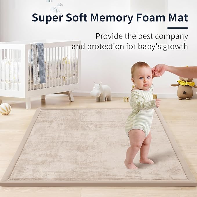 ACOMOPACK Baby Play Mat for Floor 1.3" Thick Memory Foam Play Mat 59"×71" Tummy Time Crawling with Non-Slip Bottom for Living Room,Nursery,Soft Velvet Playpen Mats for Kids,Infants(Beige)
