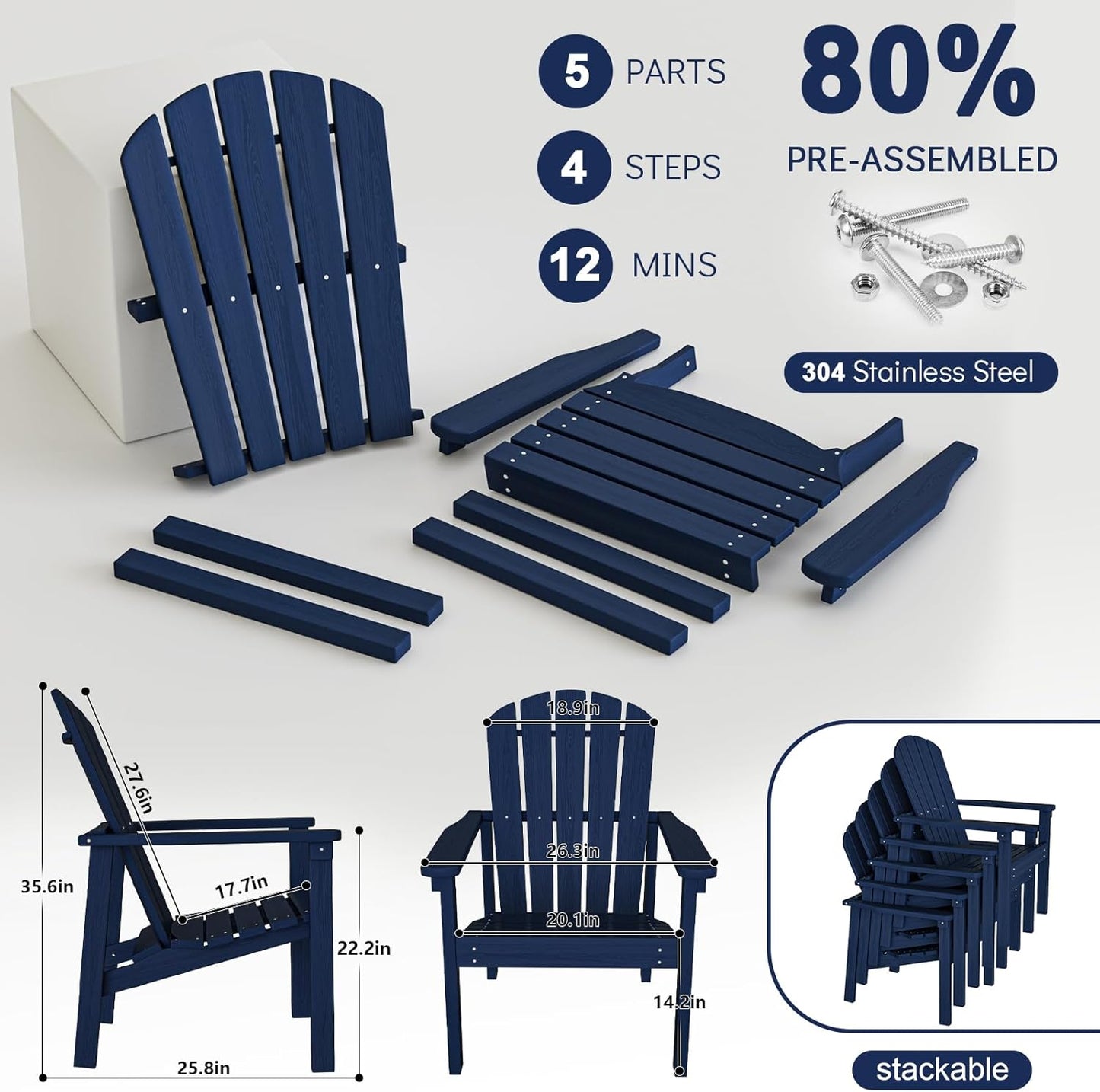 Stackable Adirondack Chair Set of 2, HDPE Outdoor Patio Chair - Durable and Space Saving, Suitable for Porches, Lawns or Garden, Navy