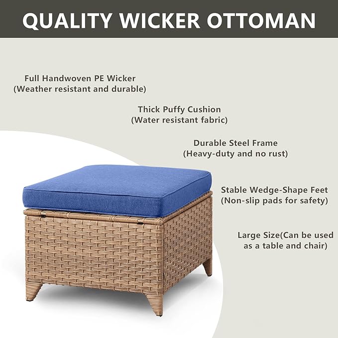 Outdoor Wicker Patio Furniture Set - 5 Piece Rattan Patio Conversation Set with 2 Rocking Swivel Chairs,2 Ottomans and 1 Loveseat for Porch Deck Backyard Garden(Yellow/Blue)