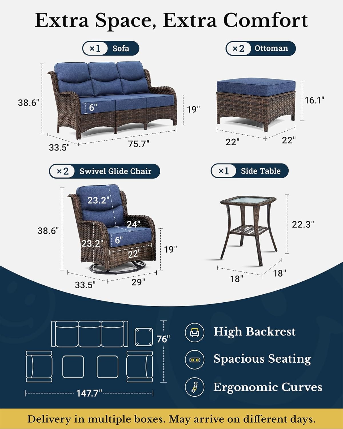 HILLGA Luxury Patio Furniture Set with 6-inch Thick Cushion, Outdoor Couch and High Back Swivel Rocker Patio Chairs, 6PCS Wicker Conversation Set for Deck Yard and Poolside, Blue (V2)