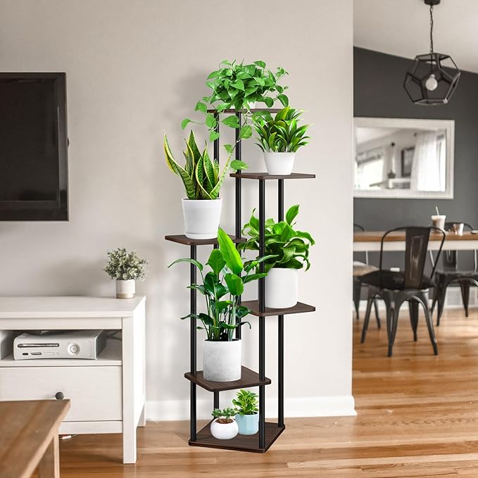 6 Tier Wood Tall Plant Stand Metal Rack Indoor, Multiple Flower Pot Holder Shelves Corner Rack, Planter Shelf Display Rack Storage Organizer for Patio Living Room Balcony Garden(Black Oak)