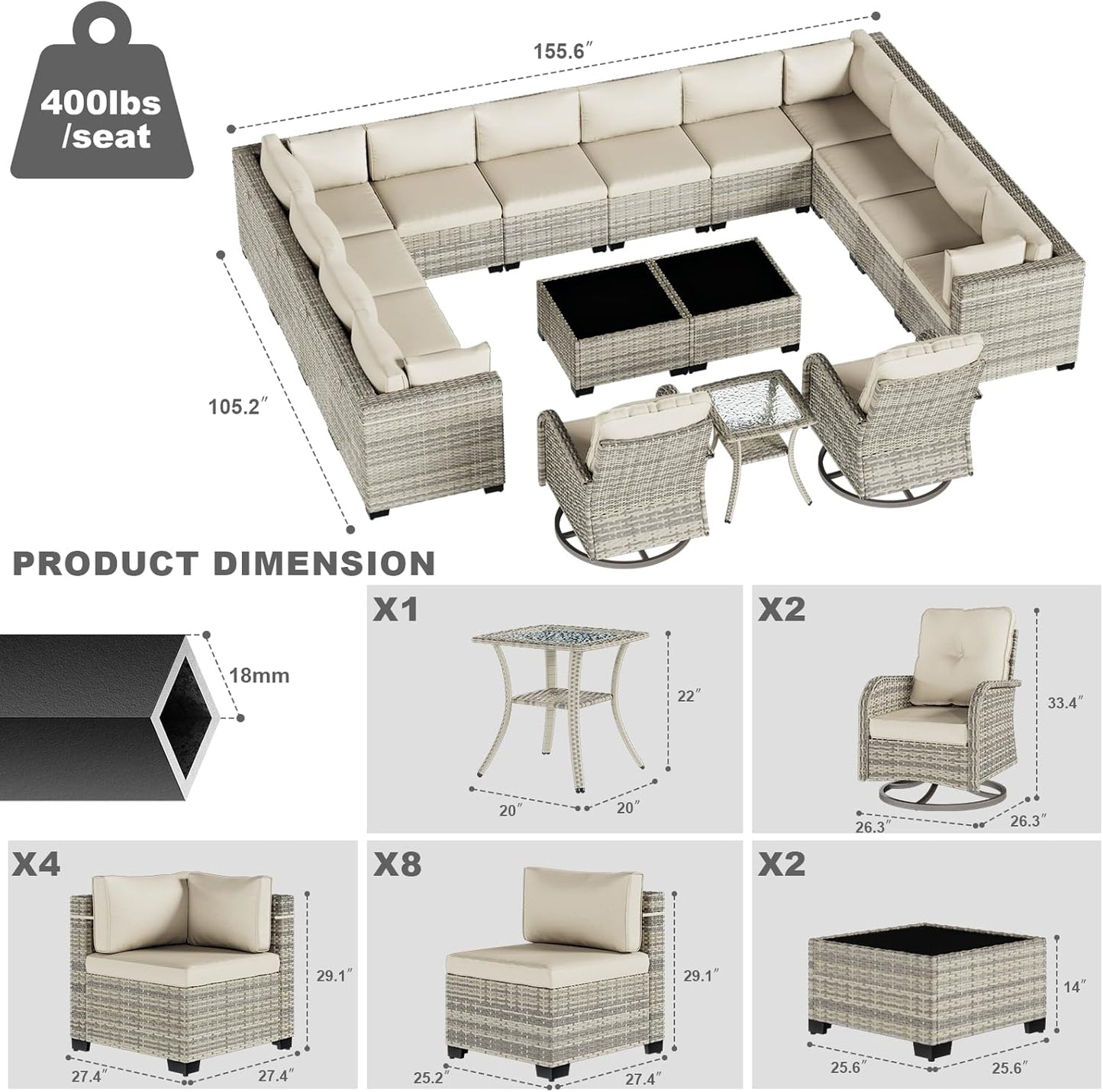 17-Piece Patio Furniture Set, Outdoor Patio Furniture with Swivel Chairs Set, Thick Cushions, Modular Patio Sofa, Dual-Strand Wicker Rattan, Rust-Resistant Frame, Ivory