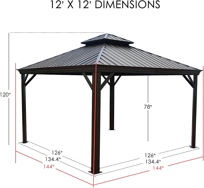 Kozyard Alexander 12' X 12' Aluminum Hardtop Gazebo with Galvanized Steel Double Roof Canopy, Curtain and Netting, Permanent Gazebo Pavilion for Patio, Backyard, Deck, Lawn (Gray)