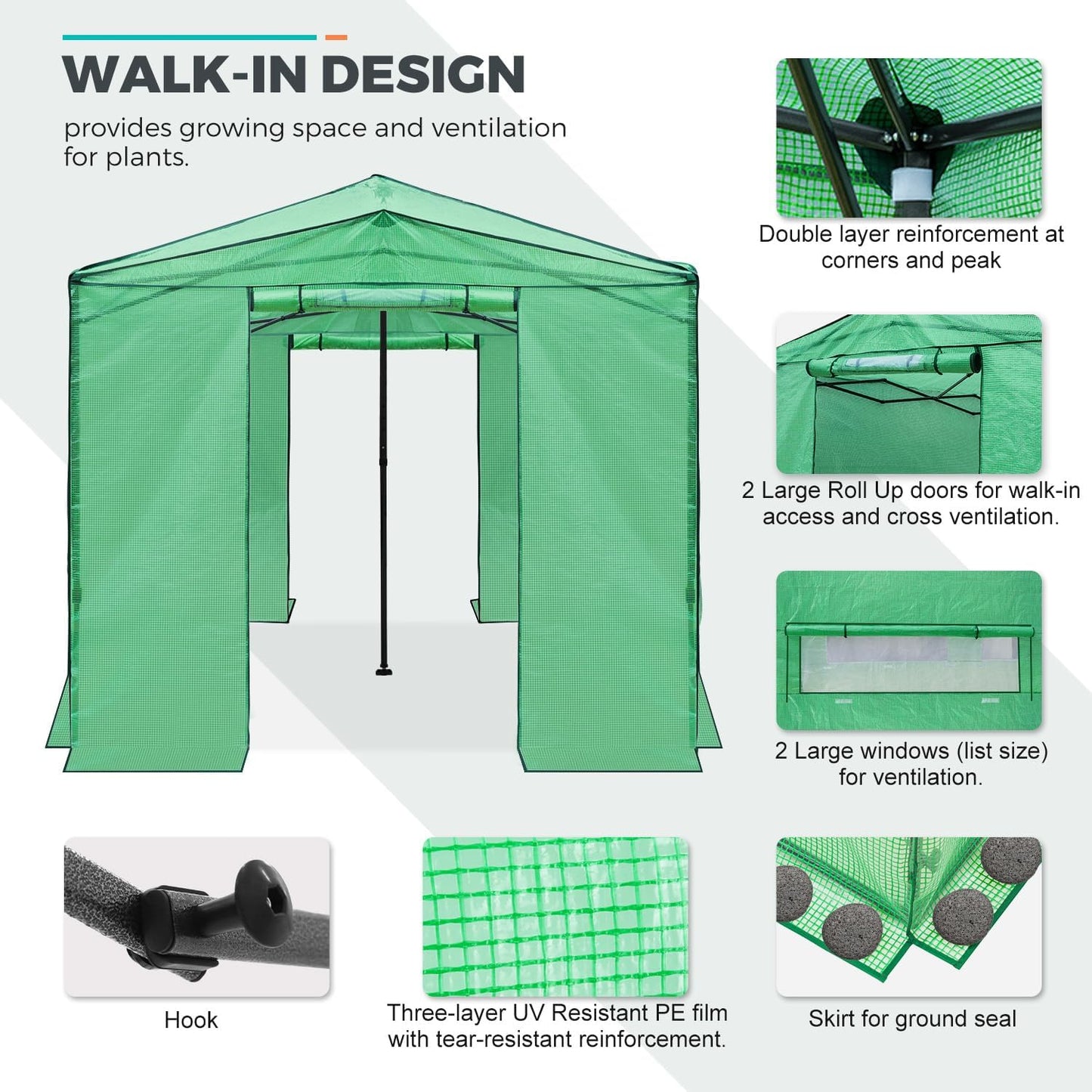 EAGLE PEAK 12x8 Portable Large Walk-in Greenhouse Instant Pop-up Fast Setup Indoor Outdoor Plant Gardening Green House Canopy, Front Roll-Up Zipper Entry Doors and Roll-Up Side Windows, Green