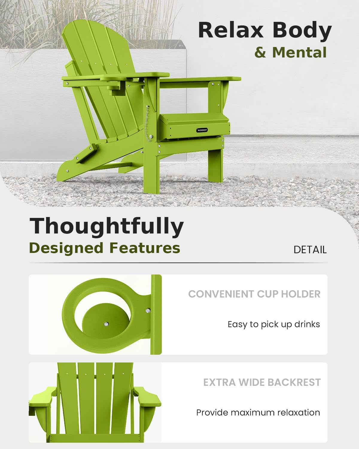 MUCHENGHY Folding Adirondack Chairs, Patio Chairs, Lawn Chairs, Outdoor Chair, Adirondack Chair Plastic, Fire Pit, Weather Resistant with Cup Holder for Deck, Backyard, Garden(Lemon Green)
