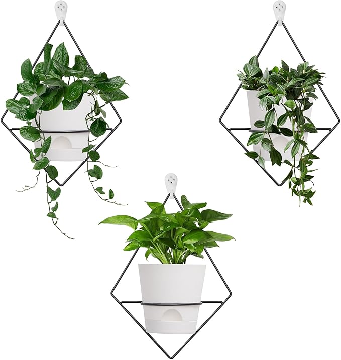 3 Sets of Wall Planters for Indoor Plants, Hanging Wall Planter with Black Metal Holder, Geometric Self Watering Wall Flower Pots, Wall Mounted Succulent Planter, 5" White Plant Pot