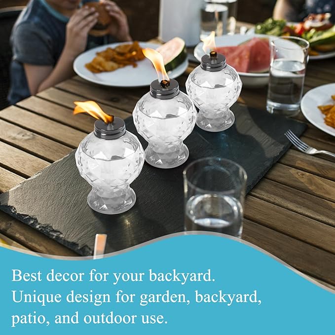 tewei 4 Pack Clear Table Top Light Torches Outdoor, Mini Glass Torches Lanterns for Outside, Easy to Refill Citronella Torches for Garden Patio Yard Party