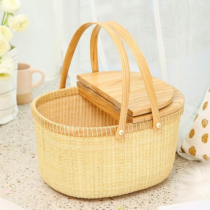 Nantucket Basket Crafts Cane-on-Cane Weave Picnic Basket Shopping Basket Basket Storage Basket Two Swing Handles (Ash Activity Double Open)