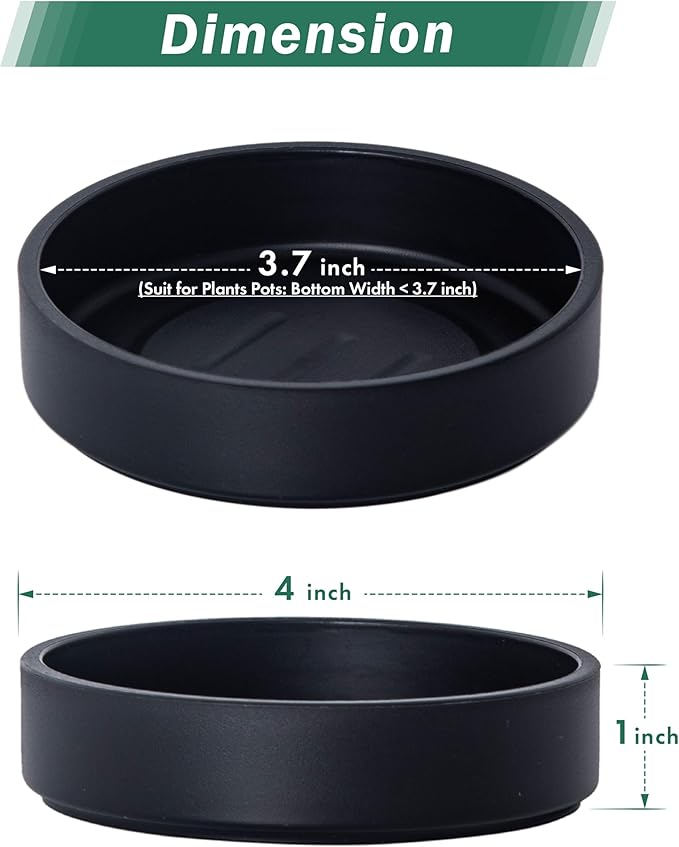 Phoenix Vine 4 Inch Plastic Plant Saucer Water Drip Tray, Heavy Sturdy Round Plant Drainage Tray for Indoors Outdoor, Matte Black, 21-TY-4B-1