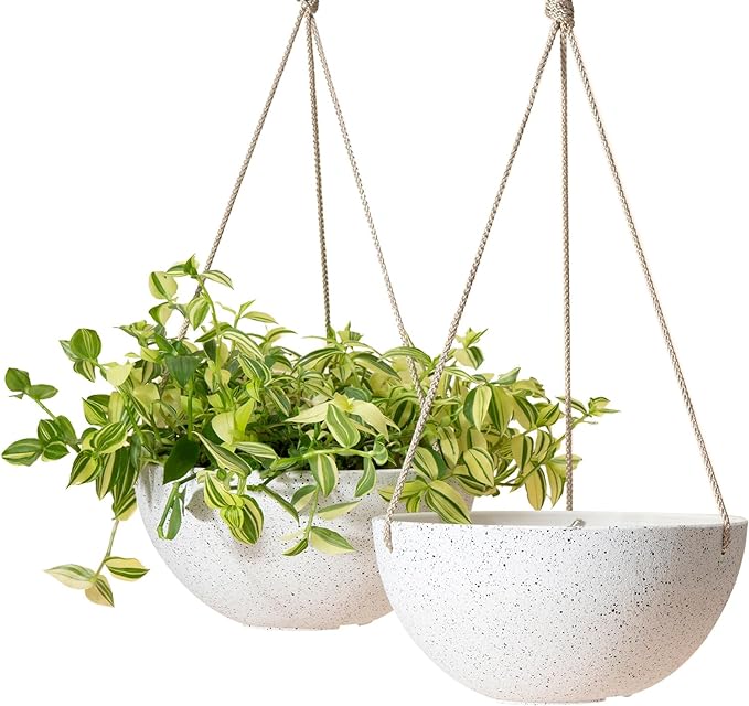 LA Jolie Muse Hanging Planters for Indoor Plants - Flower Pots Outdoor 10 inch Garden Planters and Pots,Speckled White Set of 2