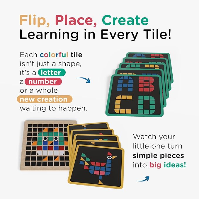 Tomaze Montessori Mosaic Tinker Tangram Set - Large Pixel Pattern Play Blocks, Wooden Grid Board, Educational STEM Puzzle for Learning Letters, Shapes - Safe & Easy To Grasp - Toy Gift for Kids Age 4+