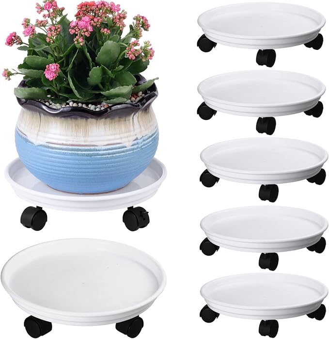6 Packs Plant Caddy with Wheels 12" Plastic Rolling Plant Stands Heavy-Duty Plant Dolly with Casters Indoor Outdoor Plant Roller Base Plant Pot Saucers on Wheels Planter Mover, White