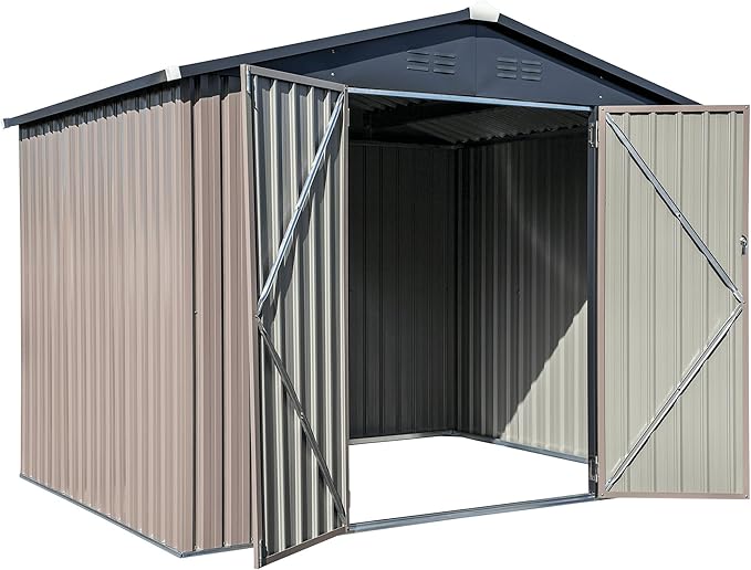 Metal Outdoor Galvanized Steel Storage Shed with Lockable Doors for Backyard or Patio Storage of Bikes, Grills, Supplies, Tools, Toys, for Lawn, Garden, and Camping, Tan (8x6)