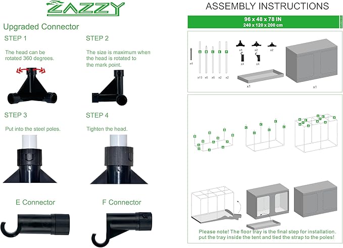 zazzy Grow Tent, 96“x48 x78 Plant Growing Tents 600D Mylar Hydroponic Indoor Grow Tent with Window, Kit Bag & Floor Tray 8x4 Growing Tent