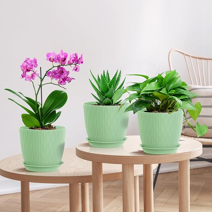 7 inch Flower Pots, 5 Pack Plant Pots with Drainage Holes and Saucers for Indoor Plants, Plastic Planters with Water Ripple for Small Garden House Plants, Nursery Pots for Succulent, Green